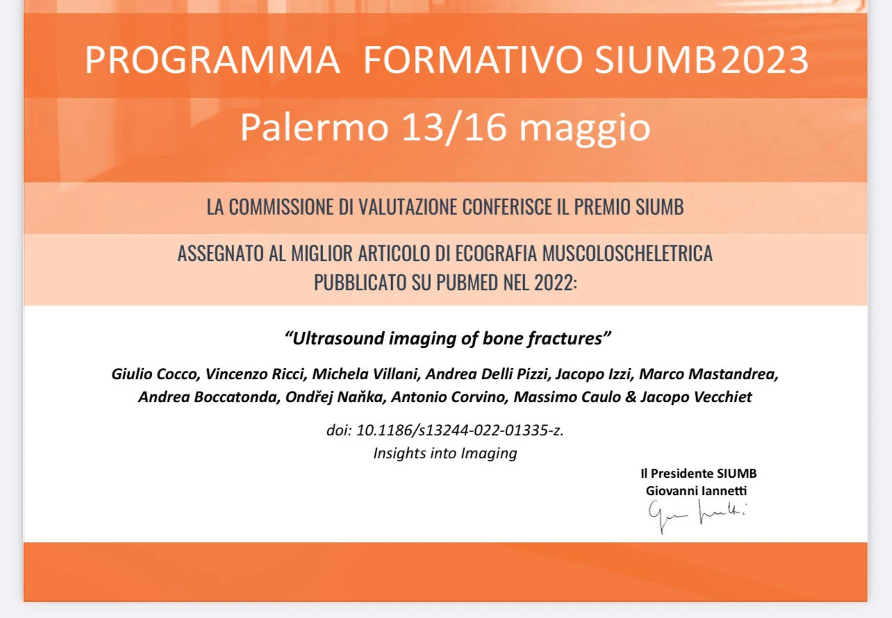 Certificato del Premio SIUMB per il miglior articolo di ecografia muscoloscheletrica, Palermo 2023