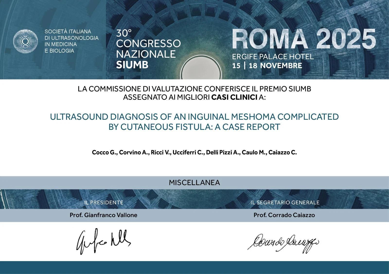 Certificato del Premio SIUMB per i migliori casi clinici, Roma 2025