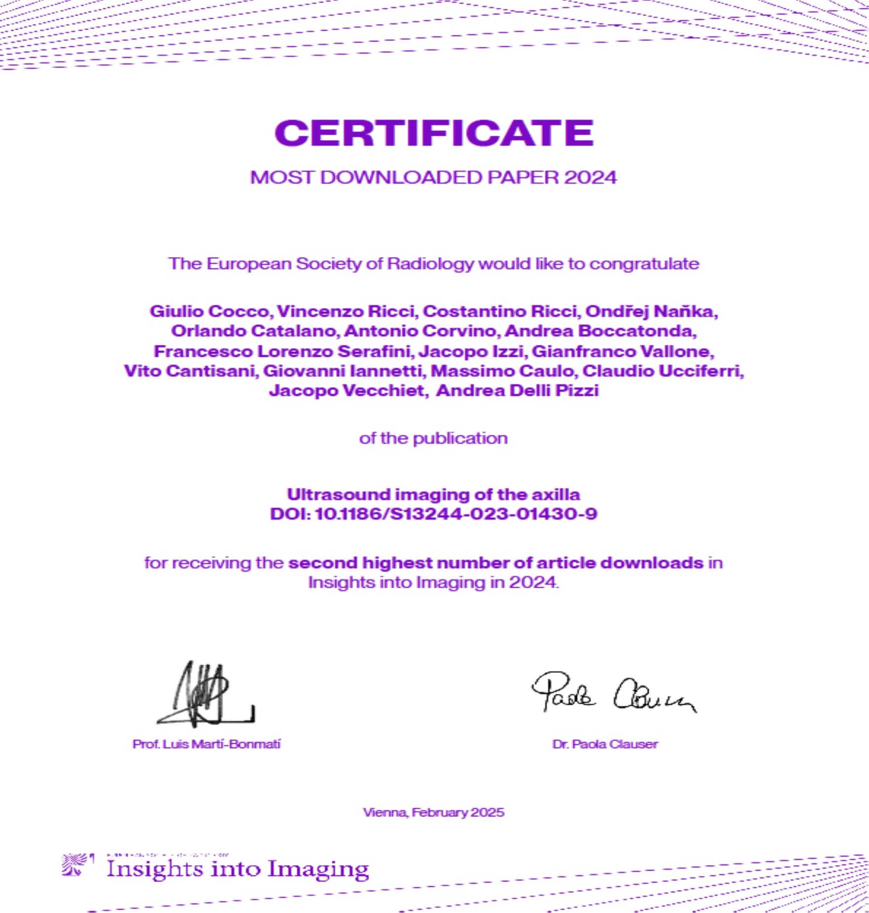 Certificato Most Downloaded Paper 2024 della European Society of Radiology, Vienna 2025